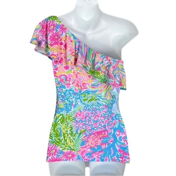 Lilly Pulitzer SeaSpray Blue Lovers Coral Print One Shoulder Neveah Top - Picture 4 of 8